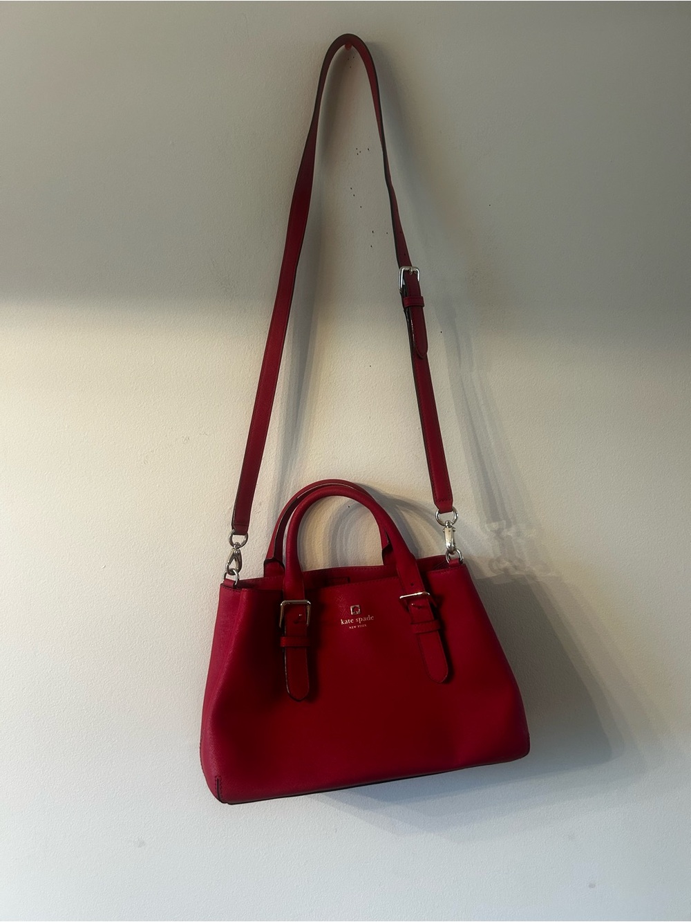 kate spade Red Leather Satchel with Top Handles and Long Strap